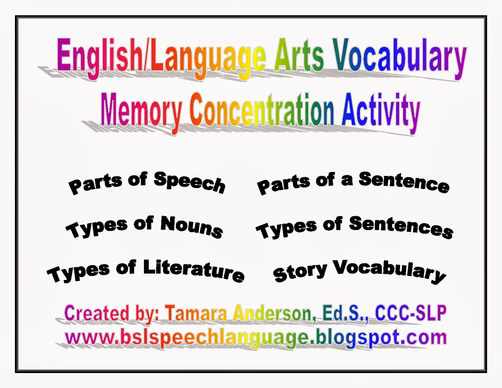 Categorization Bundle Activity # 4- English/Language Arts Vocabulary Memory Activity