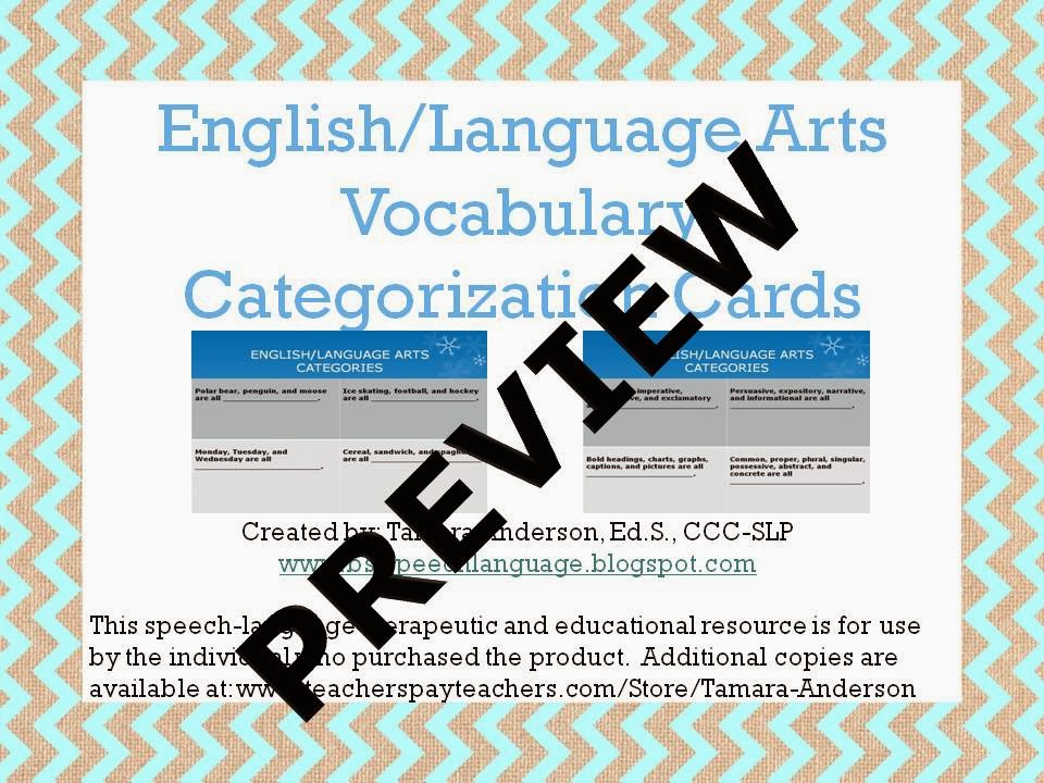 Categorization Bundle Activity # 3- English/Language Arts Vocabulary Categorization Cards